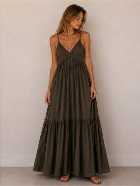 GOA Paris Boho Chic Maxi Sun Dress Olive Green Tassel Tie Size S/M Coquette Girl
